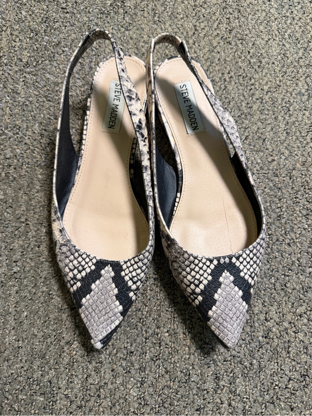 Steve Madden Snake-Print Pointed Slingback Flats in Black and Cream